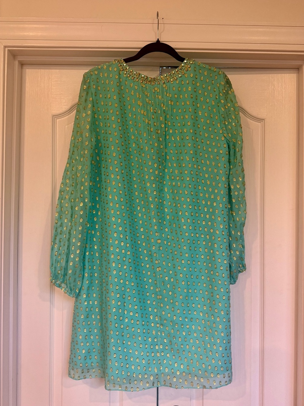 Lilly Pulitzer Colby Silk Mint Green Long-Sleeve Tunic dress with Gold Accents. - Picture 8 of 9